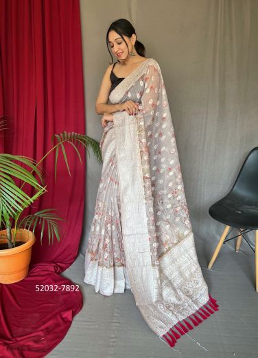 Light Gray Chikankari-Work Linen-Cotton Saree For Traditional / Religious Occasions