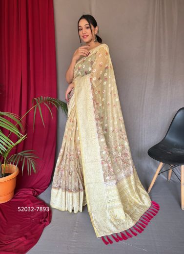Light Yellow Chikankari-Work Linen-Cotton Saree For Traditional / Religious Occasions