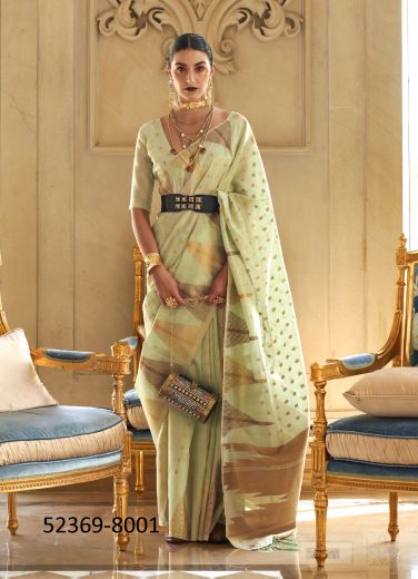 Light Green Handloom Woven Tissue Zari Saree For Traditional / Religious Occasions