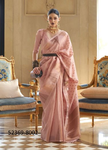 Mauve Pink Handloom Woven Tissue Zari Saree For Traditional / Religious Occasions