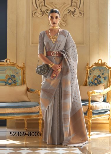 Gray Handloom Woven Tissue Zari Saree For Traditional / Religious Occasions