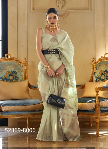 Mint Green Handloom Woven Tissue Zari Saree For Traditional / Religious Occasions