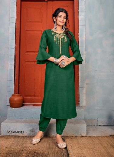 Green Rayon Embroidered Festive-Wear Readymade Kurti With Pant