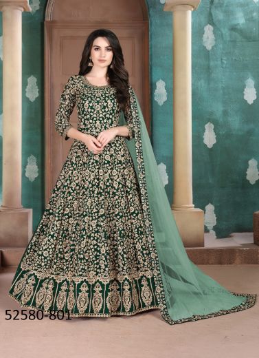 Dark Green Georgette Embroidered Festive-Wear Floor-Length Readymade Salwar Kameez