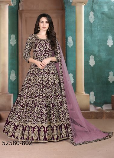 Dark Purple Georgette Embroidered Festive-Wear Floor-Length Readymade Salwar Kameez