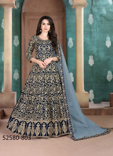 Navy Blue Georgette Embroidered Festive-Wear Floor-Length Readymade Salwar Kameez