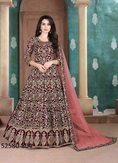 Maroon Georgette Embroidered Festive-Wear Floor-Length Readymade Salwar Kameez