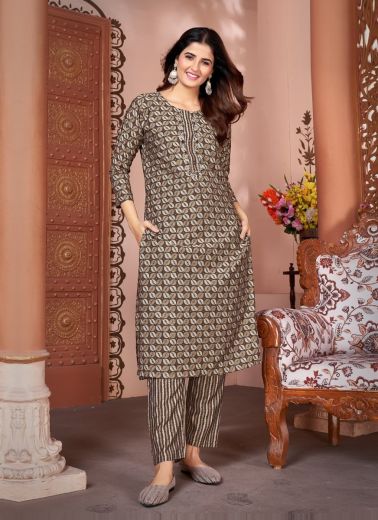 Brown Rayon Silk Printed Festive-Wear Readymade Kurti With Pant