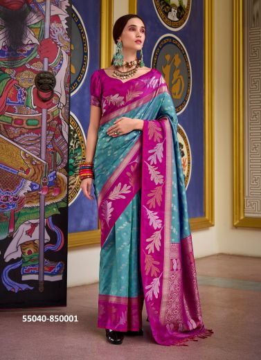 Teal Blue & Magenta Woven Banarasi Soft Silk Saree For Traditional / Religious Occasions