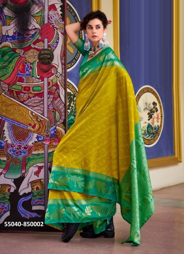 Mustard Yellow & Sea Green Woven Banarasi Soft Silk Saree For Traditional / Religious Occasions