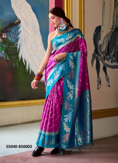 Magenta & Sea Blue Woven Banarasi Soft Silk Saree For Traditional / Religious Occasions