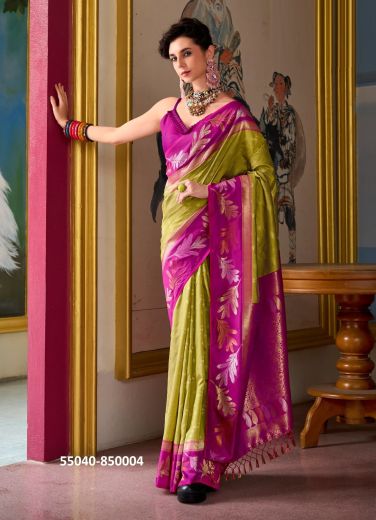 Olive Green & Magenta Woven Banarasi Soft Silk Saree For Traditional / Religious Occasions