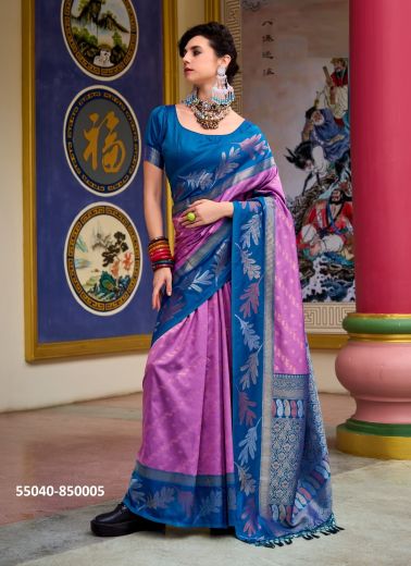 Lilac & Sea Blue Woven Banarasi Soft Silk Saree For Traditional / Religious Occasions