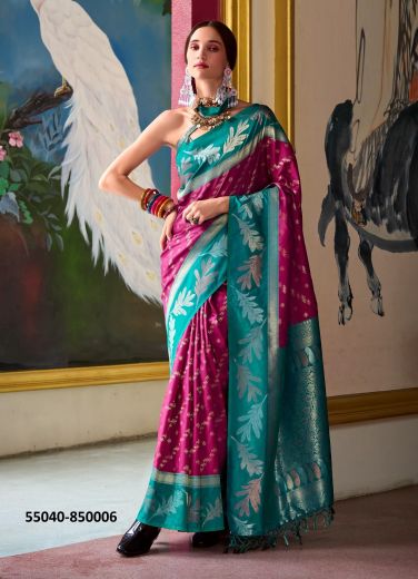 Wine Red & Teal Blue Woven Banarasi Soft Silk Saree For Traditional / Religious Occasions