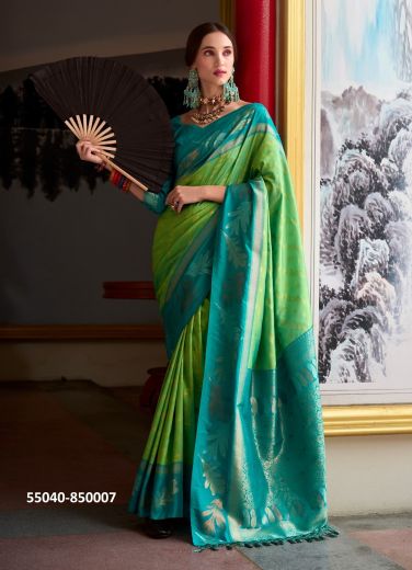 Light Green & Teal Blue Woven Banarasi Soft Silk Saree For Traditional / Religious Occasions