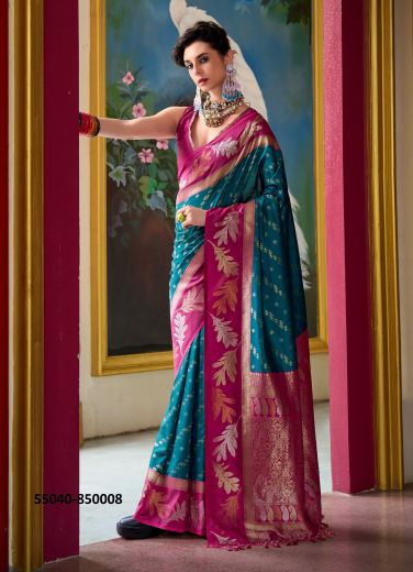 Sea Blue & Magenta Woven Banarasi Soft Silk Saree For Traditional / Religious Occasions