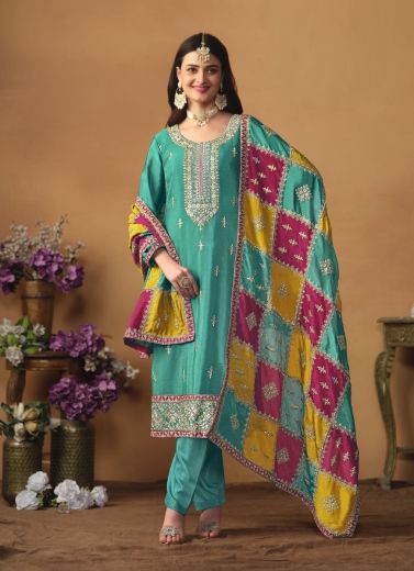 Light Teal Blue Chinon Silk Embroidered Plus-Size Salwar Kameez For Traditional / Religious Occasions