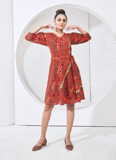 Red Cotton Printed Resort-Wear Readymade Kurti With Belt