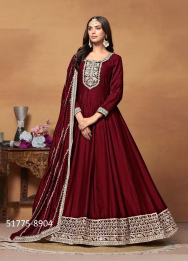 Maroon Art Silk Embroidered Floor-Length Salwar Kameez For Traditional / Religious Occasions