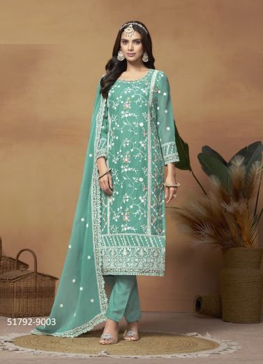 Mint Blue Organza Embroidered Festive-Wear Pakistani Salwar Kameez