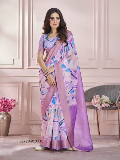 Lilac & Sky Blue Zari Modal Silk Digitally Printed Festive-Wear Vibrant Saree