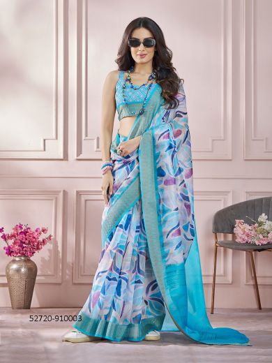 Sky Blue & White Zari Modal Silk Digitally Printed Festive-Wear Vibrant Saree