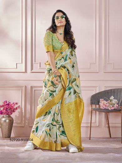 Yellow & Green Zari Modal Silk Digitally Printed Festive-Wear Vibrant Saree