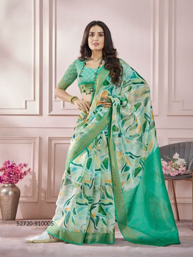 Sea Green & White Zari Modal Silk Digitally Printed Festive-Wear Vibrant Saree