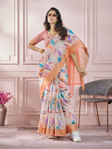 Salmon & White Zari Modal Silk Digitally Printed Festive-Wear Vibrant Saree