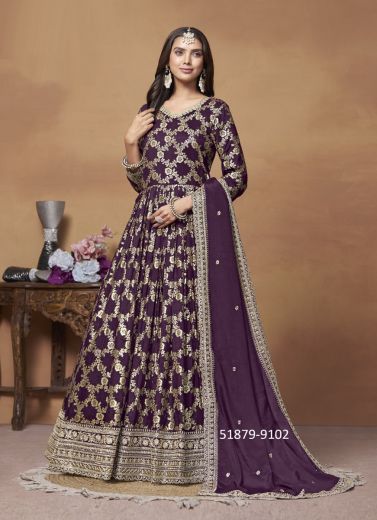 Purple Dola Jacquard Embroidered Floor-Length Salwar Kameez For Traditional / Religious Occasions