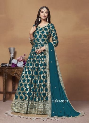 Sea Blue Dola Jacquard Embroidered Floor-Length Salwar Kameez For Traditional / Religious Occasions