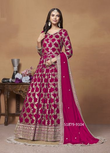 Magenta Dola Jacquard Embroidered Floor-Length Salwar Kameez For Traditional / Religious Occasions