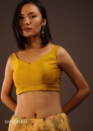 Yellow Raw Silk Sleeveless Readymade Blouse With Sweetheart Neckline