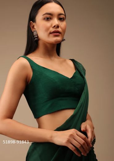 Green Raw Silk Sleeveless Readymade Blouse With Sweetheart Neckline