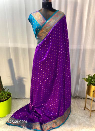 Violet & Aqua Woven Paithani Soft Silk Saree For Traditional / Religious Occasions