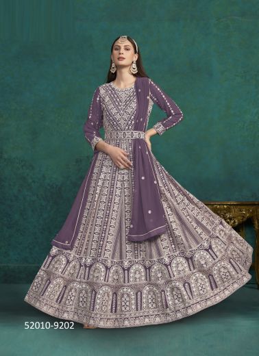 Dull Purple Georgette Embroidered Party-Wear Floor-Length Salwar Kameez