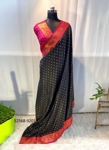 Black & Magenta Woven Paithani Soft Silk Saree For Traditional / Religious Occasions