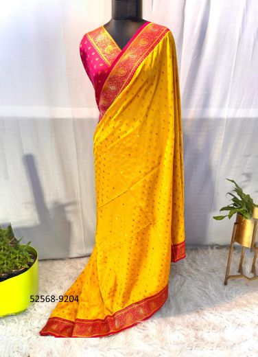 Yellow & Magenta Woven Paithani Soft Silk Saree For Traditional / Religious Occasions