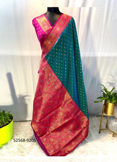 Teal Blue & Magenta Woven Paithani Soft Silk Saree For Traditional / Religious Occasions