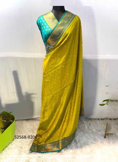 Olive Green & Aqua Woven Paithani Soft Silk Saree For Traditional / Religious Occasions