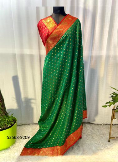 Sea Green & Orange Woven Paithani Soft Silk Saree For Traditional / Religious Occasions