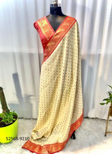 White & Red Woven Paithani Soft Silk Saree For Traditional / Religious Occasions