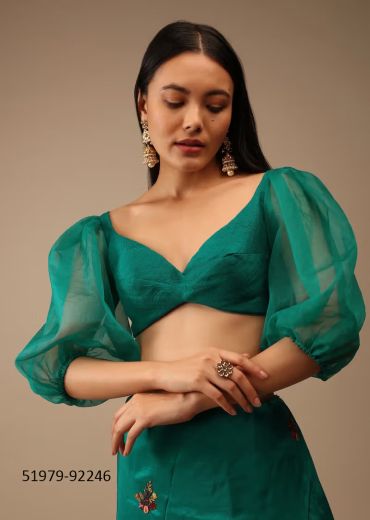 Teal Green Raw Silk Readymade Blouse With Sweetheart Neckline & Puffed Sleeves