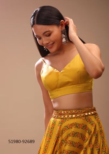 Yellow Satin Sleeveless Readymade Blouse With V-Neckline