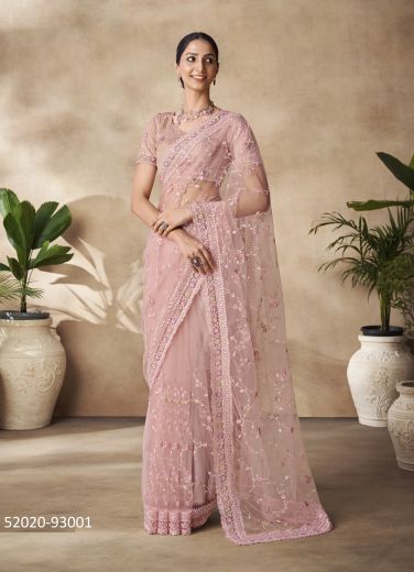 Dusty Pink Net Sequins-Work Party-Wear Boutique-Style Saree