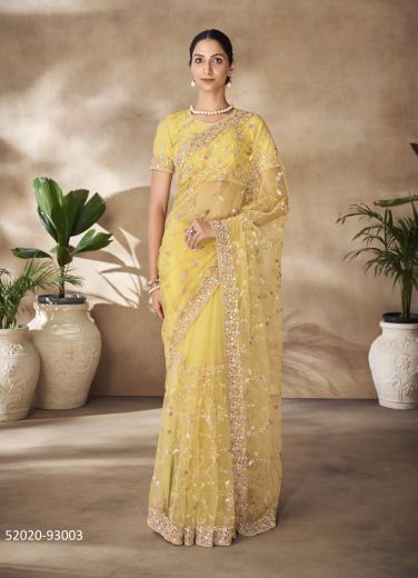 Yellow Net Sequins-Work Party-Wear Boutique-Style Saree