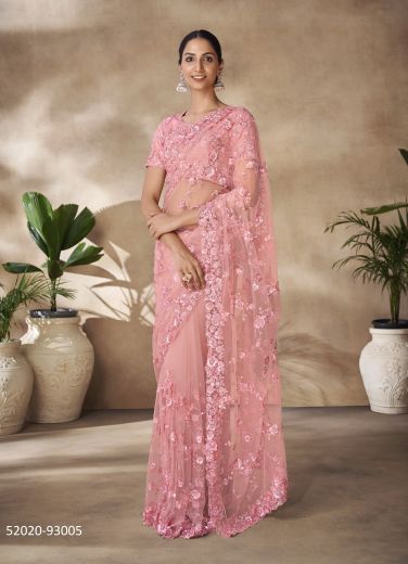 Pink Net Sequins-Work Party-Wear Boutique-Style Saree