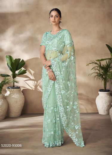 Mint Green Net Sequins-Work Party-Wear Boutique-Style Saree