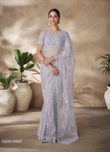 Gray Net Sequins-Work Party-Wear Boutique-Style Saree
