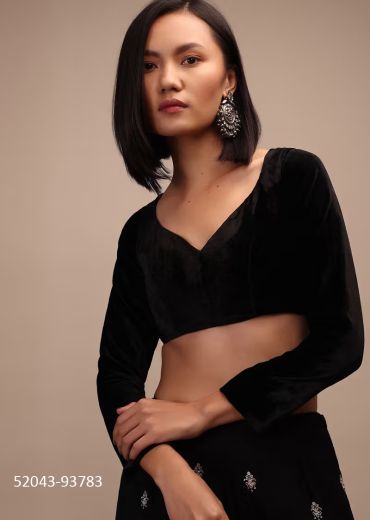 Black Velvet Full Sleeve Readymade Blouse With V-Neckline